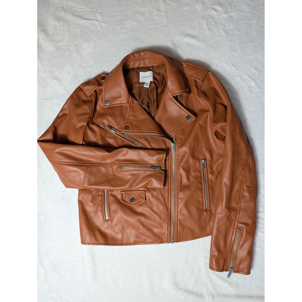 Nine West Brown Faux Leather Moto Jacket Women's S Cognac Biker Y2K